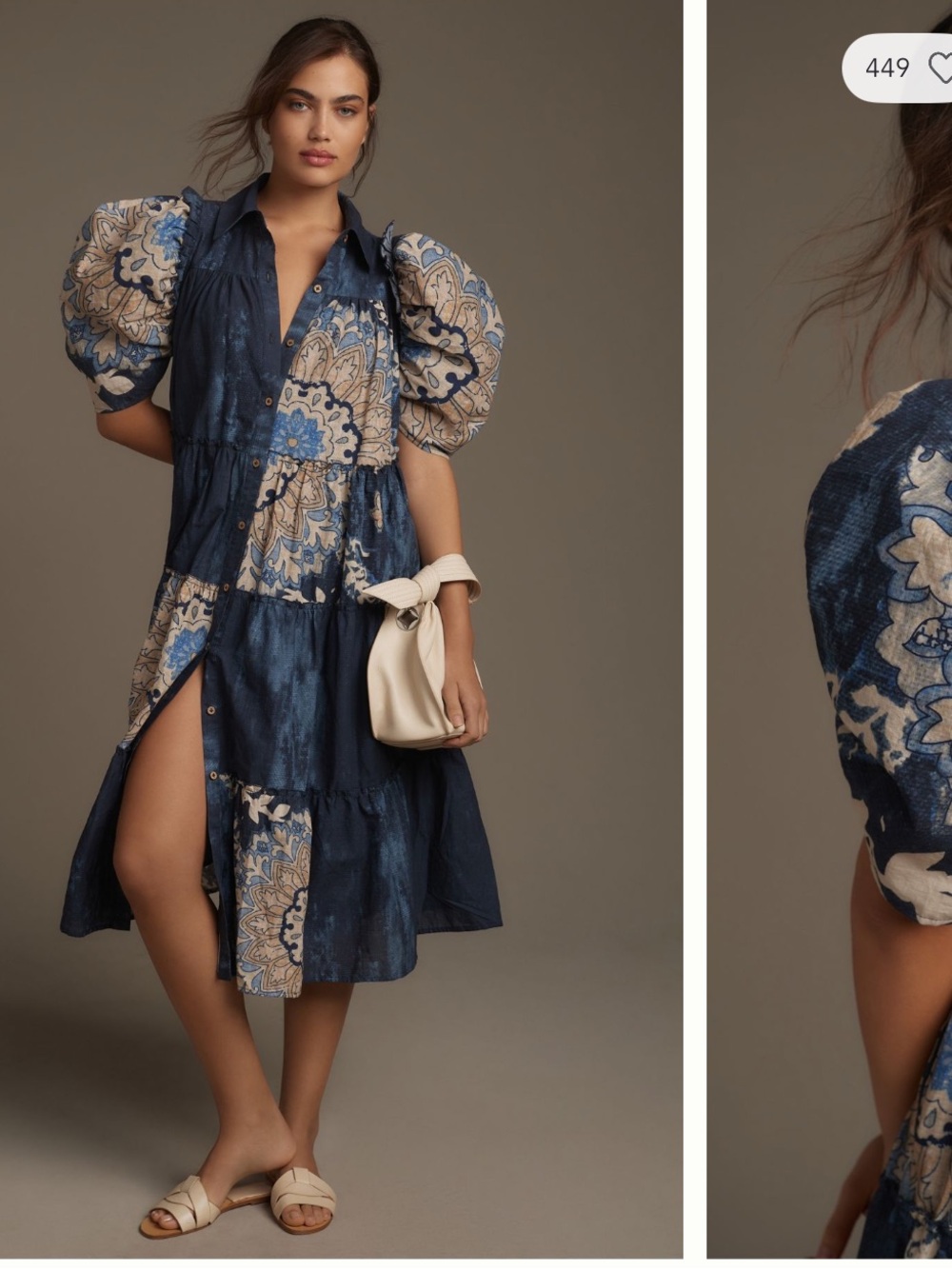 Let Me Be Puff-Sleeve Patchwork Midi Dress - Blue Pattern
